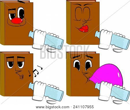Books Drinkig Water From A Glass Bottle. Cartoon Book Collection With Various Faces. Expressions Vec