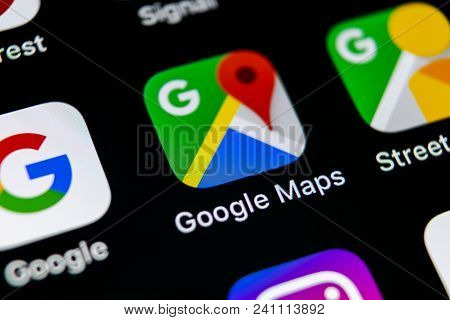 Sankt-petersburg, Russia, May10, 2018: Google Maps Application Icon On Apple Iphone X Screen Close-u