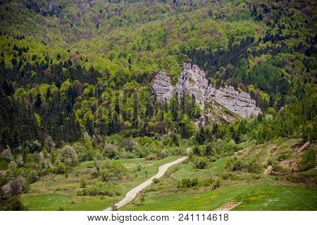 Aerial View Of Ukrainian Village Urych Near The Place Of Tustan Fortress - A Medieval Cliff-side For