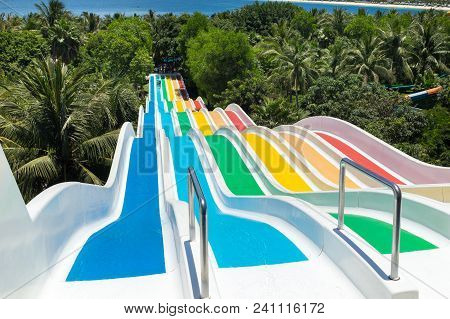 Chilren Water Slides In Aqua Park By The Sea