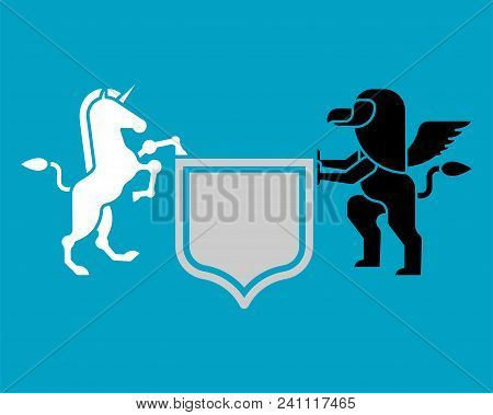 Griffin And Unicorn Shield Heraldic Symbol. Sign Animal For Coat Of Arms. Vector Illustration