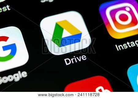 Sankt-petersburg, Russia, May 10, 2018: Google Drive Application Icon On Apple Iphone X Screen Close