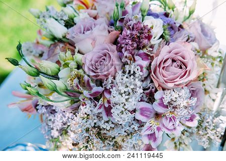 Wedding Bridal Bouquet Made Of White Lilac Flowers, Eustoma, Lavender Roses And Tiger Lily