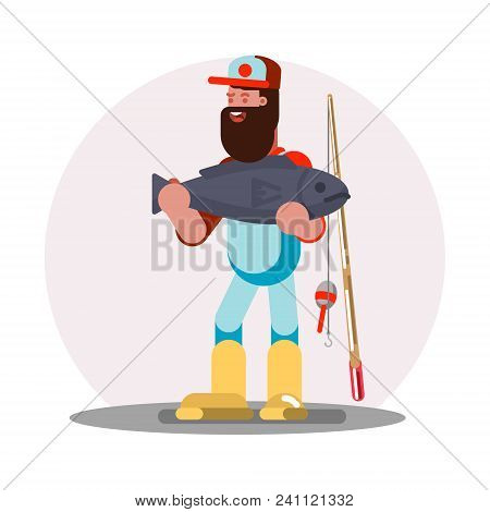 Man Standing With Big Fish In His Hands. Vector Illustration, Eps 10