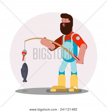 Man Standing With Fishing Rod And Fish On It. Vector Illustration, Eps 10