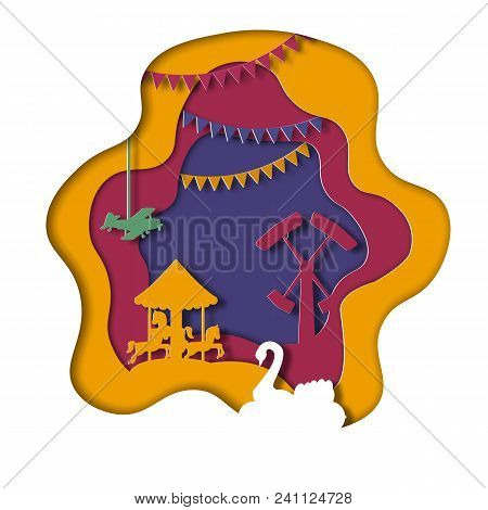 Paper Art Style Amusement Park With Carousel With Hourses, Hummer Ride, Flags, Air Plane,  Inflatabl