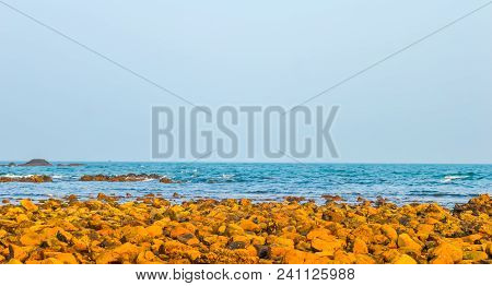 Beautiful Sea Shore At Sunrise Or Sunset Sunset Wild Empty Tropical Beach, Blue Sky, Sunlight Reflec