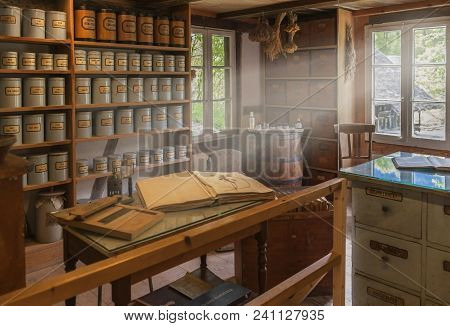 Hofstetten Bei Brienz, Switzerland - April 2017:  Drugstore Of Once Upon A Time In Ballenberg Open A