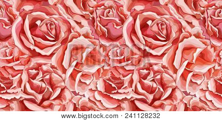 Vector Realistic Hand Drawn Rose Flower Blossom Blooming Seamless Pattern. Textie Vintage Watercolor