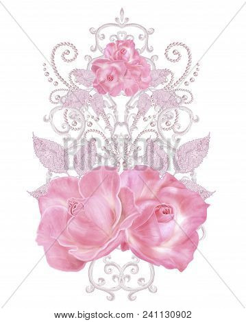 Decorative Decoration, Paisley Element, Delicate Textured Silver Leaves Made Of Fine Lace And Pearls
