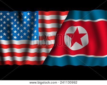 Usa And North Korea. Waving Flags Of The United States Of America And North Korea Together On Dramat