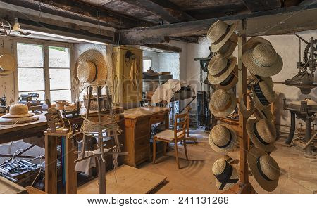 Hoffstetten Bei Brienz, Switzerland - April 2017: The Hat Maker Workshop In Ballenberg Open Air Muse