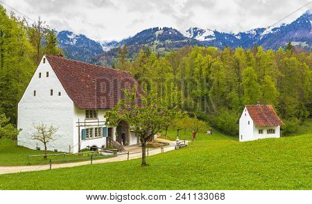 Hoffstetten Bei Brienz, Switzerland - April 2017: Pastoral View In Ballenberg Open Air Museum