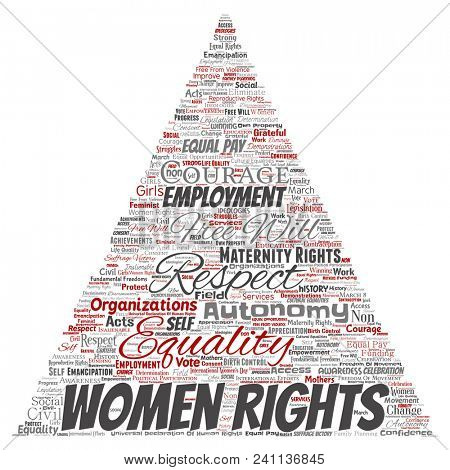 Conceptual women rights, equality, free-will triangle arrow red word cloud isolated background. Collage of feminism, empowerment, integrity, opportunities, awareness, courage, education concept