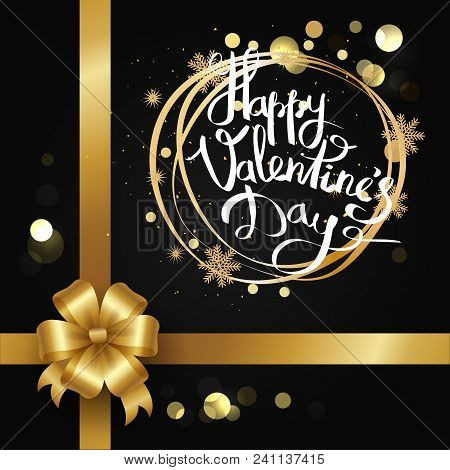 Happy Valentines Day Inscription In Golden Frame With Blurred Points And Snowflakes On Black Backgro