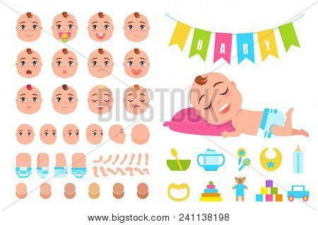 Toddler Infant In Diaper Sleeps On Pink Pillow, Set Of Accessories As Bowl With Spoon, Drinker And P