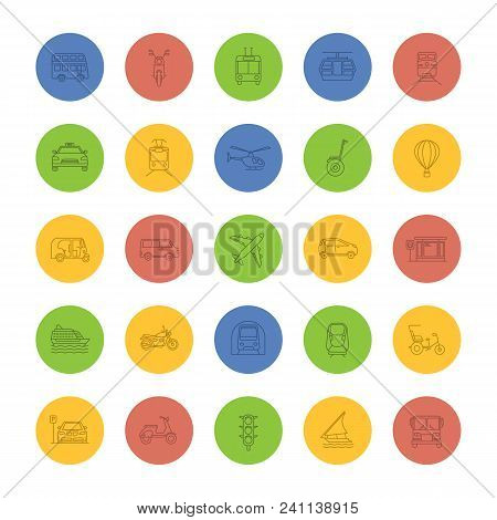 Public Transport Linear Icons Set. Thin Line Outline Symbols On Color Background. Water, Land And Ai