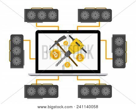 Cryptocurrency Concept Flat Vector Illustration. Bitcoin Digital Money. Ryptocurrency Production Pro