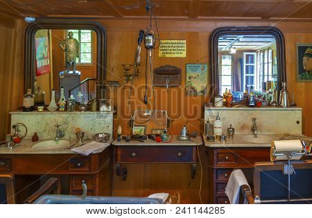 Hofstetten Bei Brienz, Switzerland - April 2017: Barbershop Of Once Upon A Time In Ballenberg Open A