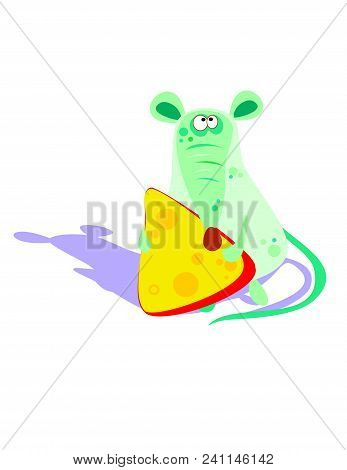 Mouse With Cheese. Cheerful Cartoon Character. Vector Illustration.