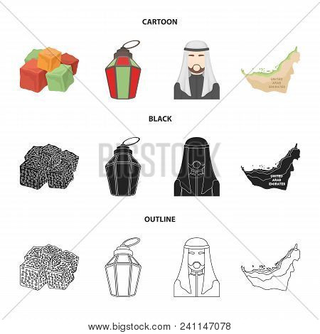 Eastern Sweets, Ramadan Lamp, Arab Sheikh, Territory.arab Emirates Set Collection Icons In Cartoon, 