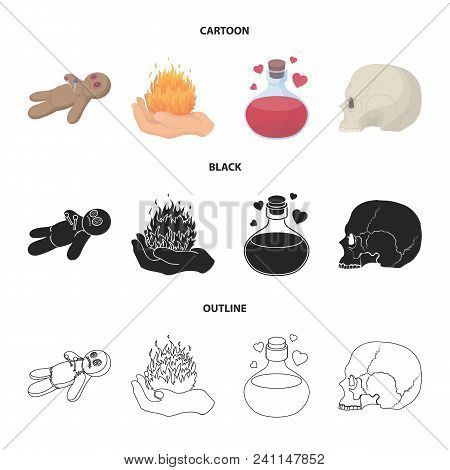 A Voodoo Doll, A Magical Fire, A Love Potion, A Skull.black And White Magic Set Collection Icons In 
