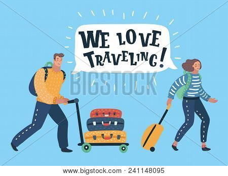 Vector Cartoon Illustration Of Couple Of Tourists With Travel Bags. Speech Bubble Above.