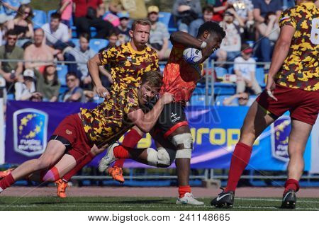 ST. PETERSBURG, RUSSIA - MAY 12, 2018: Match RC Dukla, Czech Republic vs RC Miesnieki, Latvia during Rugby Europe Sevens Club Champion's Trophy. Dukla won 26-10