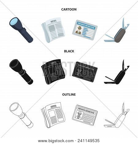 Flashlight, Newspaper With News, Certificate, Folding Knife.detective Set Collection Icons In Cartoo