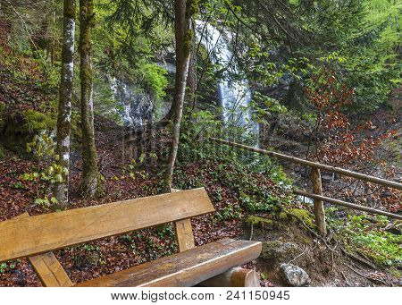Bench At Giessbach Waterfall Near Brienz Town, Switzerland