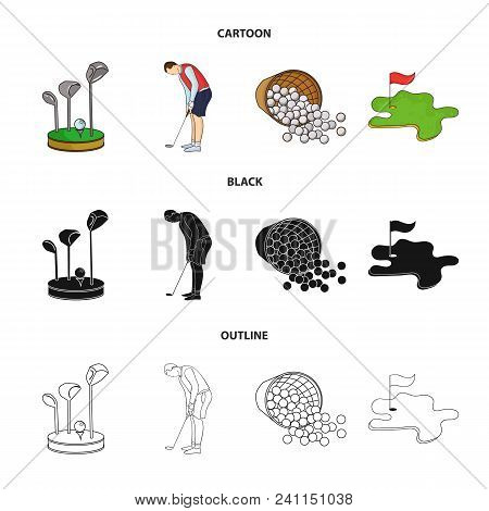 Stand For A Golf Club, Muzhchin Playing With A Club, Basket With Balls, Label With A Flag On The Gol
