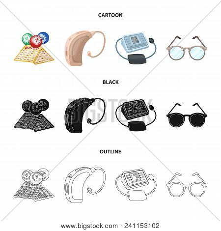 Lottery, Hearing Aid, Tonometer, Glasses.old Age Set Collection Icons In Cartoon, Black, Outline Sty