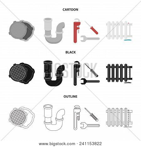 Sewage Hatch, Tool, Radiator.plumbing Set Collection Icons In Cartoon, Black, Outline Style Vector S