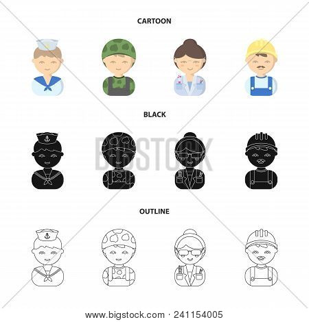 Sailor, Soldier, Scientist, Builder.profession Set Collection Icons In Cartoon, Black, Outline Style