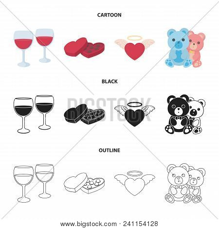 Glasses With Wine, Chocolate Hearts, Bears, Valentine.romantik Set Collection Icons In Cartoon, Blac
