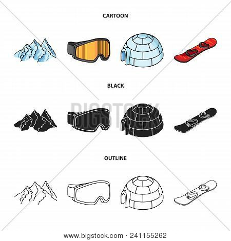 Mountains, Goggles, An Igloo, A Snowboard. Ski Resort Set Collection Icons In Cartoon, Black, Outlin
