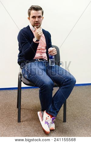 Vilnius, Lithuania - May 4, 2016: Sasha Filipenko Belorussian Novelist And Journalist Sitting On The