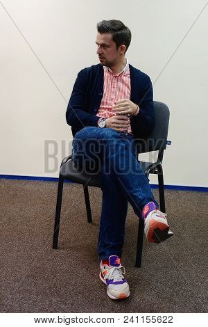 Vilnius, Lithuania - May 4, 2016: Sasha Filipenko Belorussian Novelist And Journalist Sitting In The
