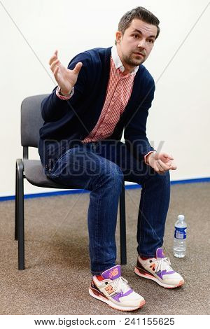 Vilnius, Lithuania - May 4, 2016: Sasha Filipenko Belorussian Novelist And Journalist Sitting On The