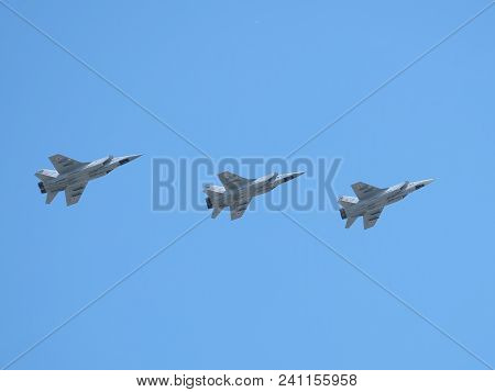 Moscow, Russia - May 9, 2018: Group Of Russian Military Supersonic High-altitude All-weather Long-ra