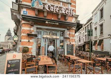 Brussels, Belgium - Apr 2: Exterior Of Historical Bar With Trademark Name Leffe Beer And Outdoor Caf