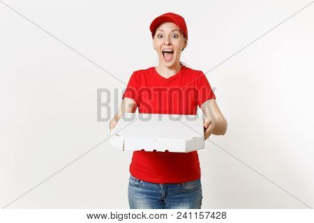 Delivery Woman In Red Uniform Isolated On White Background. Pretty Female In Cap, T-shirt, Jeans Wor