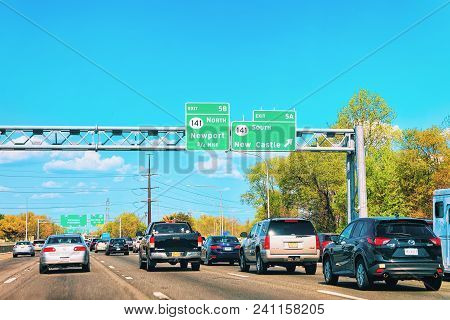 New Castle, Usa - May 3, 2015: Car On The Road At Delaware Turnpike, De, America