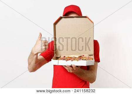 Delivery Smiling Man In Red Uniform Isolated On White Background. Male Pizzaman In Cap, T-shirt Work