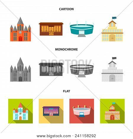 House Of Government, Stadium, Cafe, Church.building Set Collection Icons In Cartoon, Flat, Monochrom