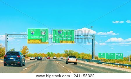 New Castle, Usa - May 3, 2015: Cars On Road In Delaware Turnpike, De, America