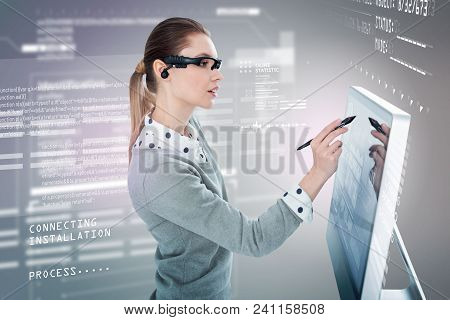 Concentrated Woman. Qualified Smart Programmer Working In Modern Virtual Reality Glasses And Looking