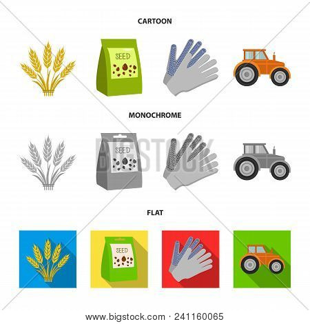 Spikelets Of Wheat, A Packet Of Seeds, A Tractor, Gloves.farm Set Collection Icons In Cartoon, Flat,