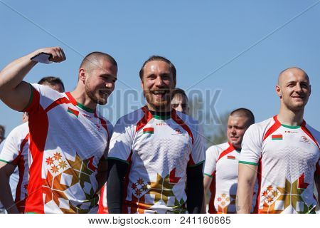 ST. PETERSBURG, RUSSIA - MAY 12, 2018: RC Busly, Belarus during opening ceremony of Rugby Europe Sevens Club Champion's Trophy. 12 teams from 10 countries take part in the tournament