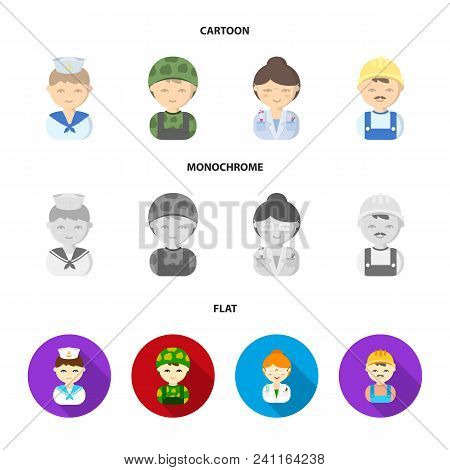 Sailor, Soldier, Scientist, Builder.profession Set Collection Icons In Cartoon, Flat, Monochrome Sty